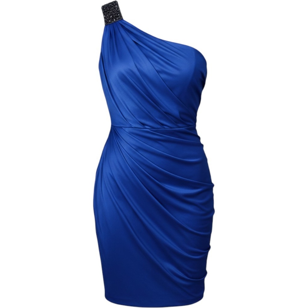 Cache One Shoulder Cocktail Dress 8 Royal Blue Ruched Beaded Strap